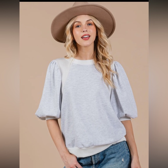 RESTOCKED Boho Solid Contrast Puffed Sleeve Top - Picture 2 of 8